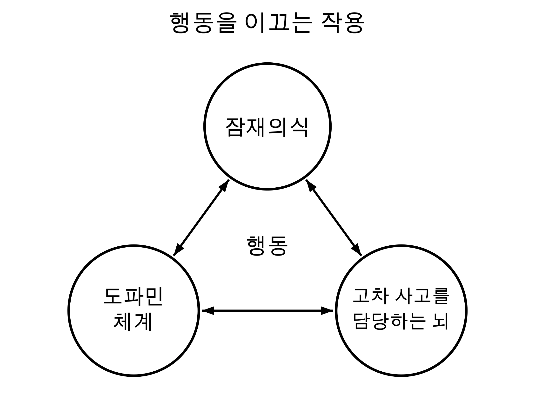 행동을 이끄는 작용. 위쪽의 잠재의식, 왼쪽 아래의 도파민 체계, 오른쪽 아래의 고차 사고를 담당하는 뇌가 삼각형을 이루어요. 각 쌍은 양방향 화살표로 연결되고, 가운데에는 행동이라고 적혀 있어요.