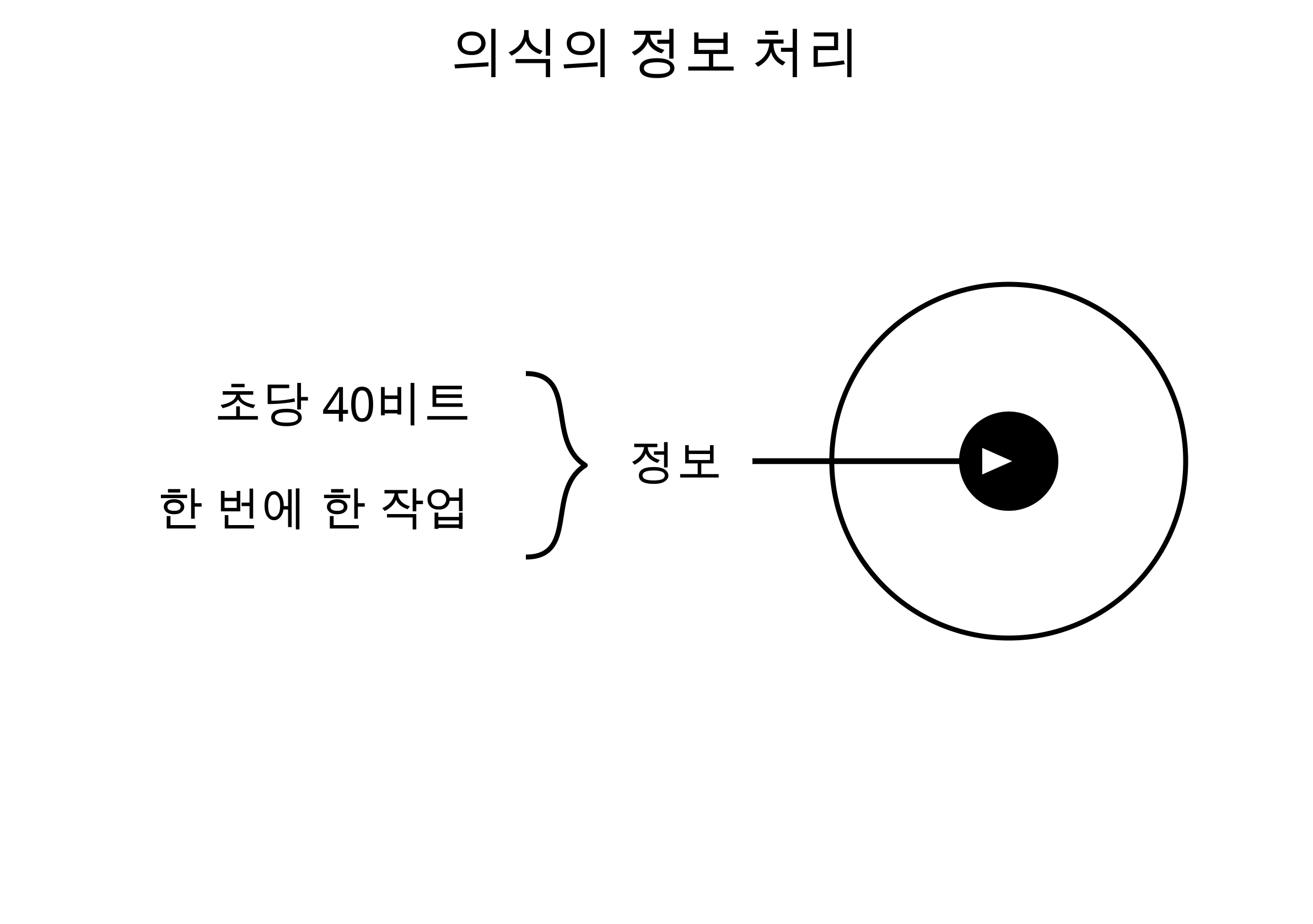 의식이 한 번에 하나의 작업을 처리하는 모형이에요. 정보 화살표 하나가 작은 검은색 원으로 들어가며, 처리 속도는 초당 40비트로 표시돼요.