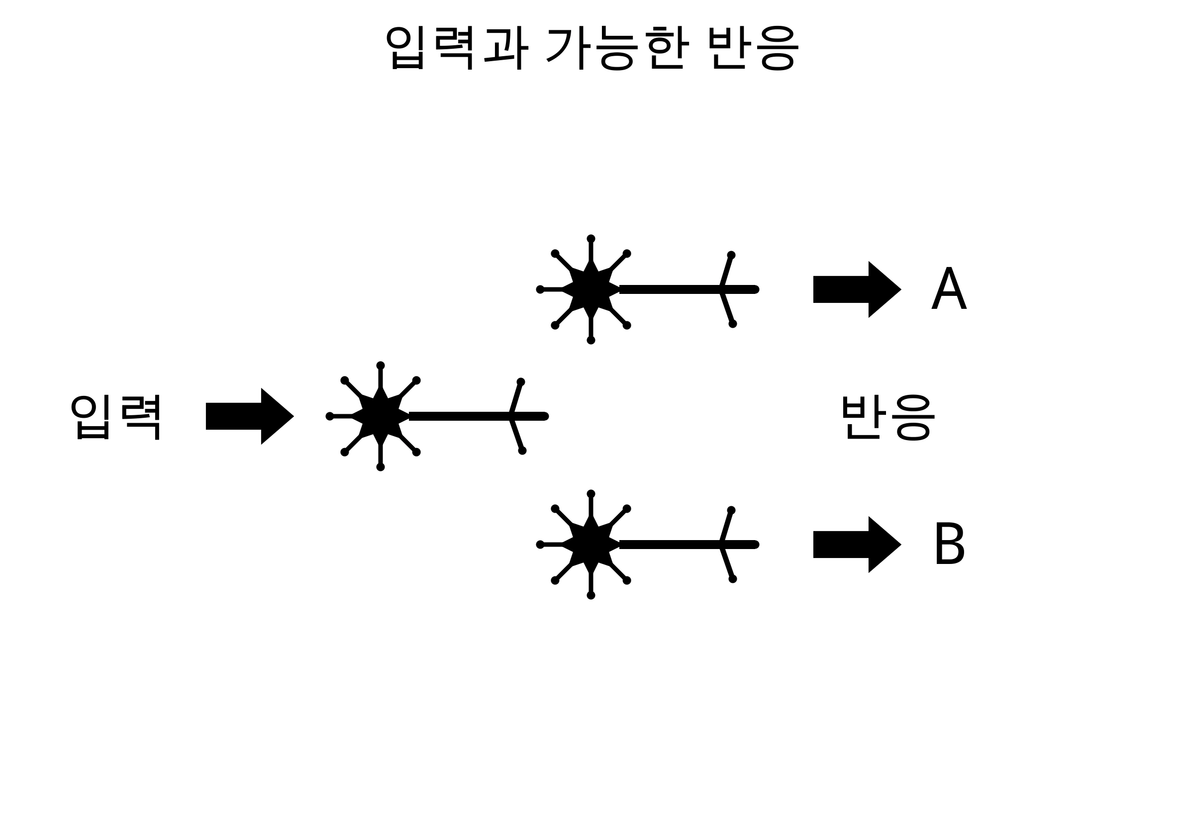 왼쪽에서 들어온 입력을 하나의 뉴런이 받아들여요. 오른쪽 위아래에 반응 A와 반응 B가 있으며, 둘 다 검은색으로 같은 비중으로 표시돼요. 아직 특정 반응으로 이어진 연결은 없어요.