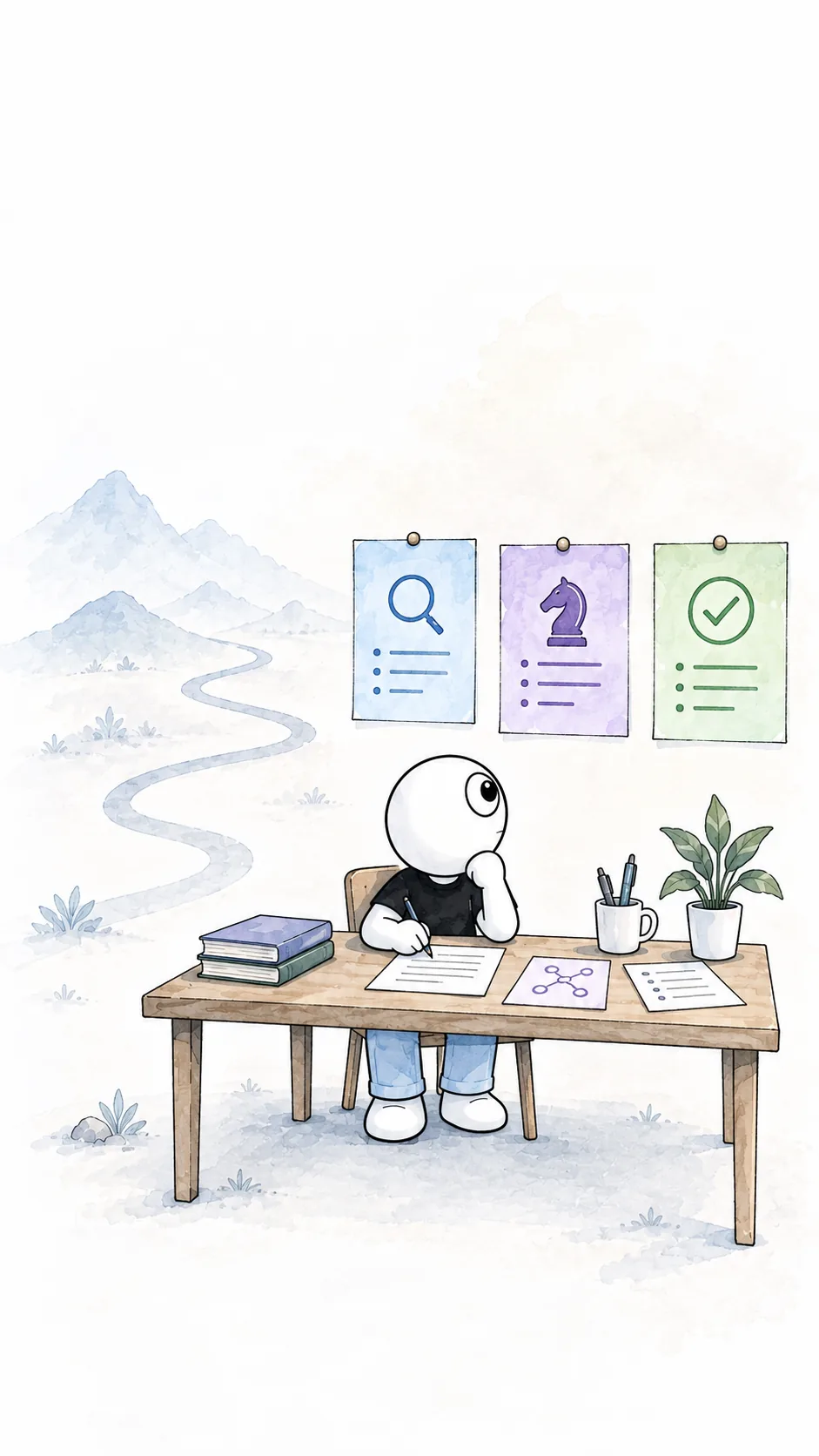 An illustrated mountain path representing the journey through clarity, strategy and sobriety