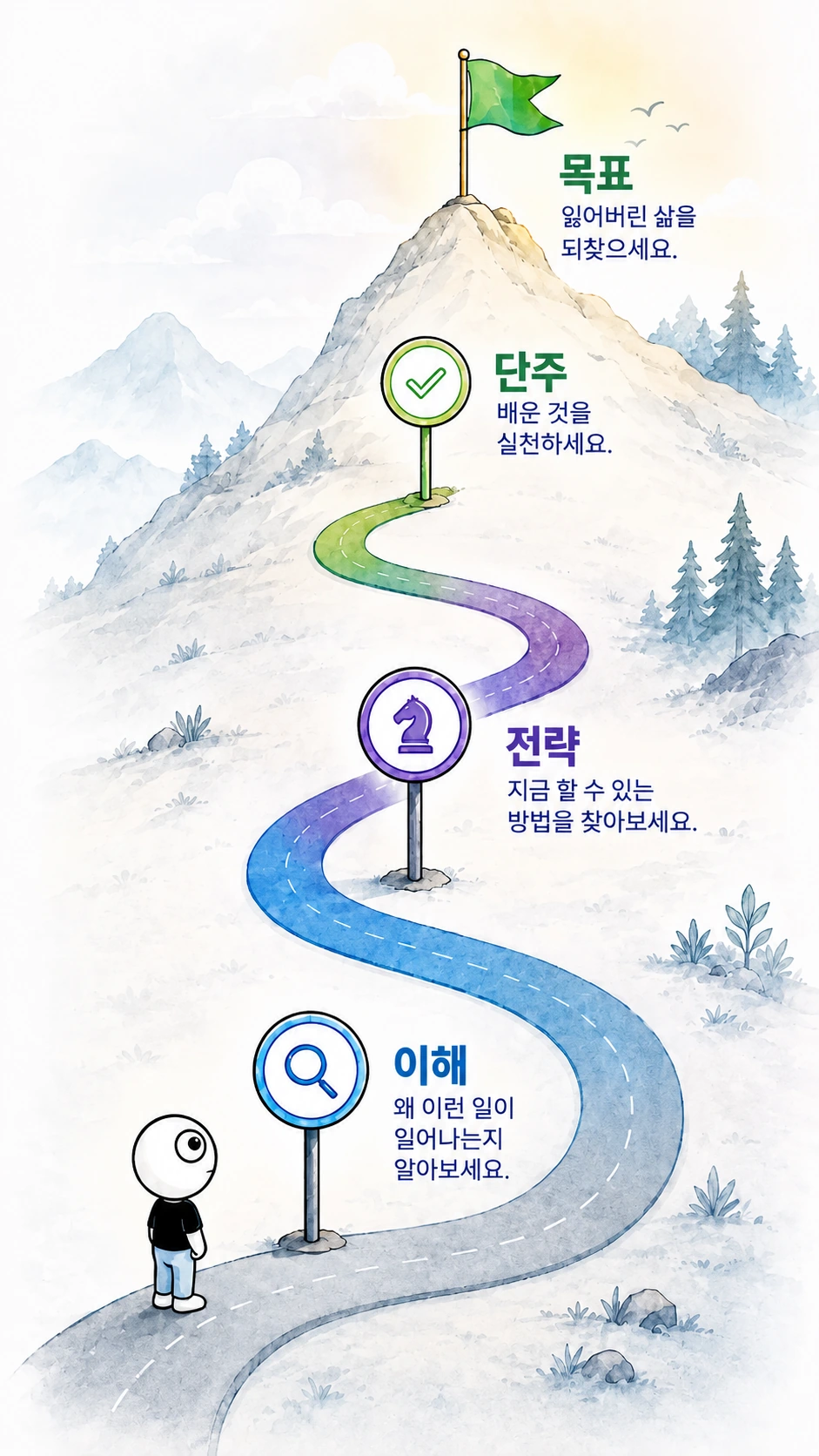 이해, 전략, 단주의 세 단계를 거쳐 술 없는 삶으로 나아가는 산길 그림