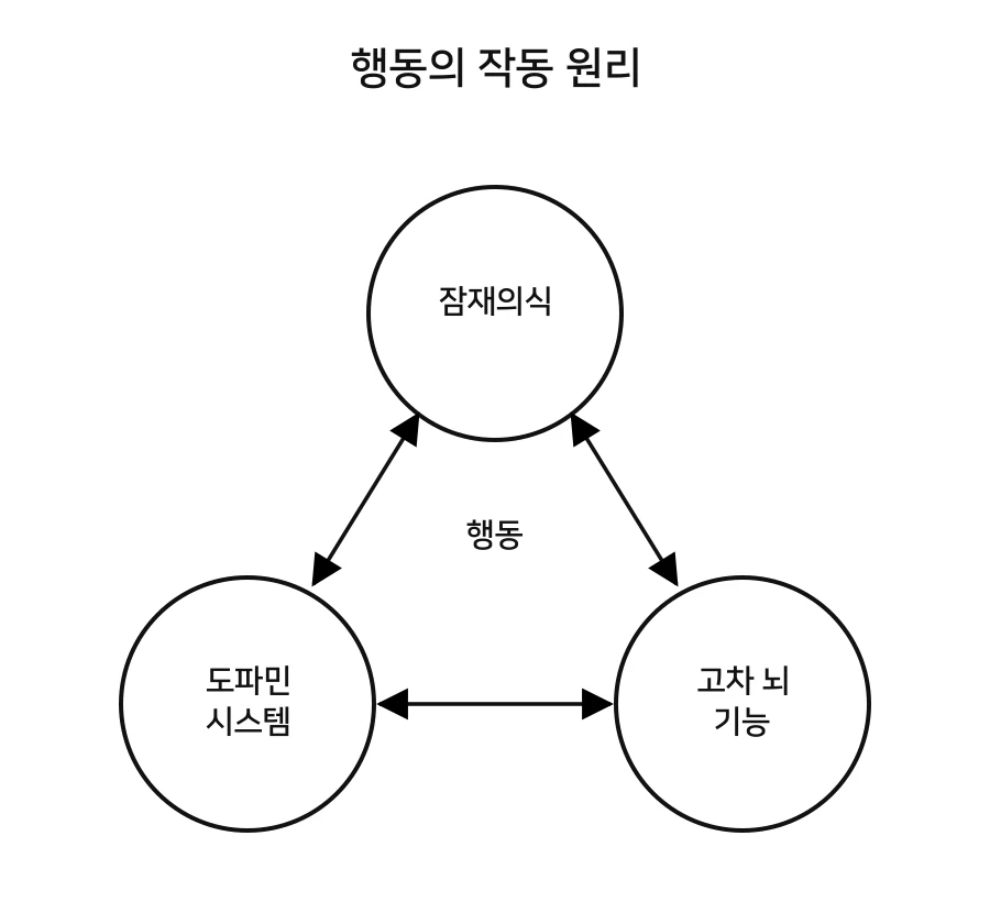 잠재의식, 도파민 체계, 고차 사고를 담당하는 뇌가 행동에 영향을 미치는 모습을 보여 주는 《실천하는 단주》의 모형