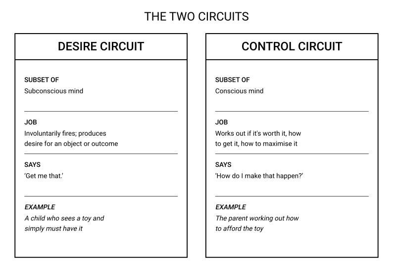 Comparison of the desire and control circuits: their roles, characteristic thoughts and examples
